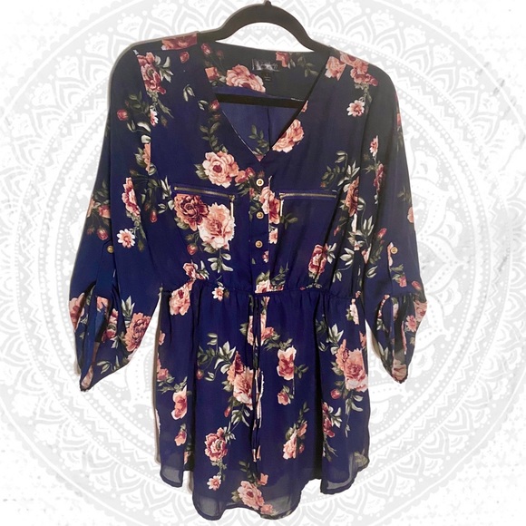 2/20 J for Justify Floral Blouse Zippers Buttons Elastic Waist 3/4 Sleeve Top - Picture 12 of 12